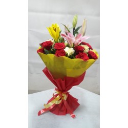1 Pink and 1 Yellow  Oriental lily 10 red Roses 5 white carnation Hand Bunch With Red & Yellow Paper Packing